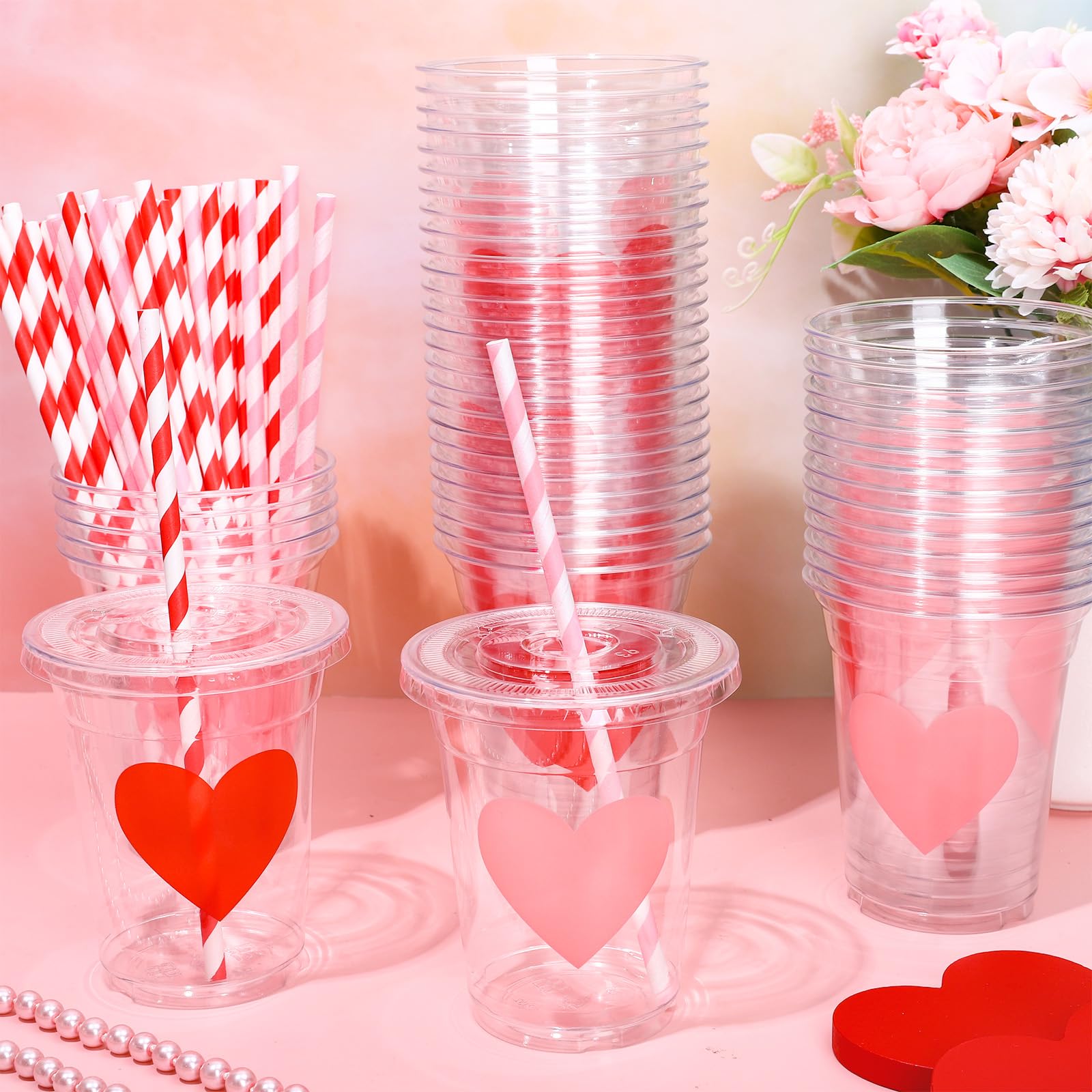 Whaline 50Pcs Valentine'S Day Disposable Plastic Cups With Lids And Straws 12Oz Party Cups Red Pink Cold Beverage Drinking Cups
