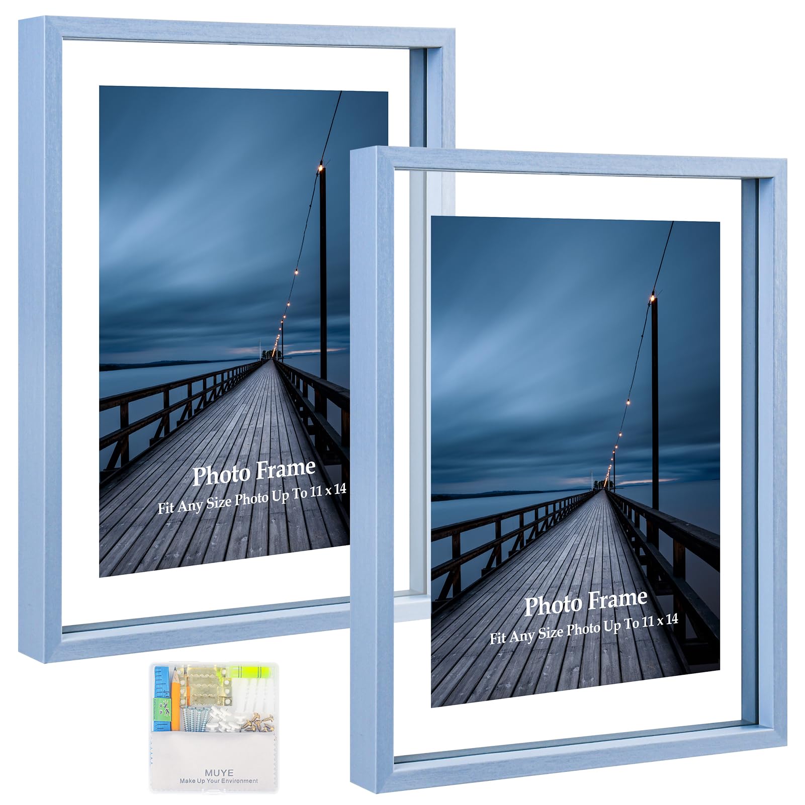 MUYE 11x14 Floating Frame Set of 2,Double Real Glass Photo Frame,Display Any Size Photo up to 11x14,Wall Mount or Tabletop Stand