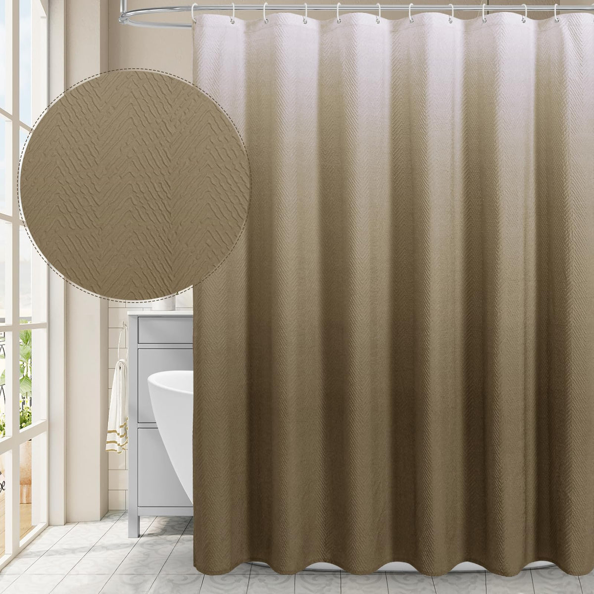 Gibelle Ombre Brown Shower Curtain, 3D Embossed Textured Herringbone Fabric Shower Curtain, Modern Farmhouse Bathroom Decor Soft