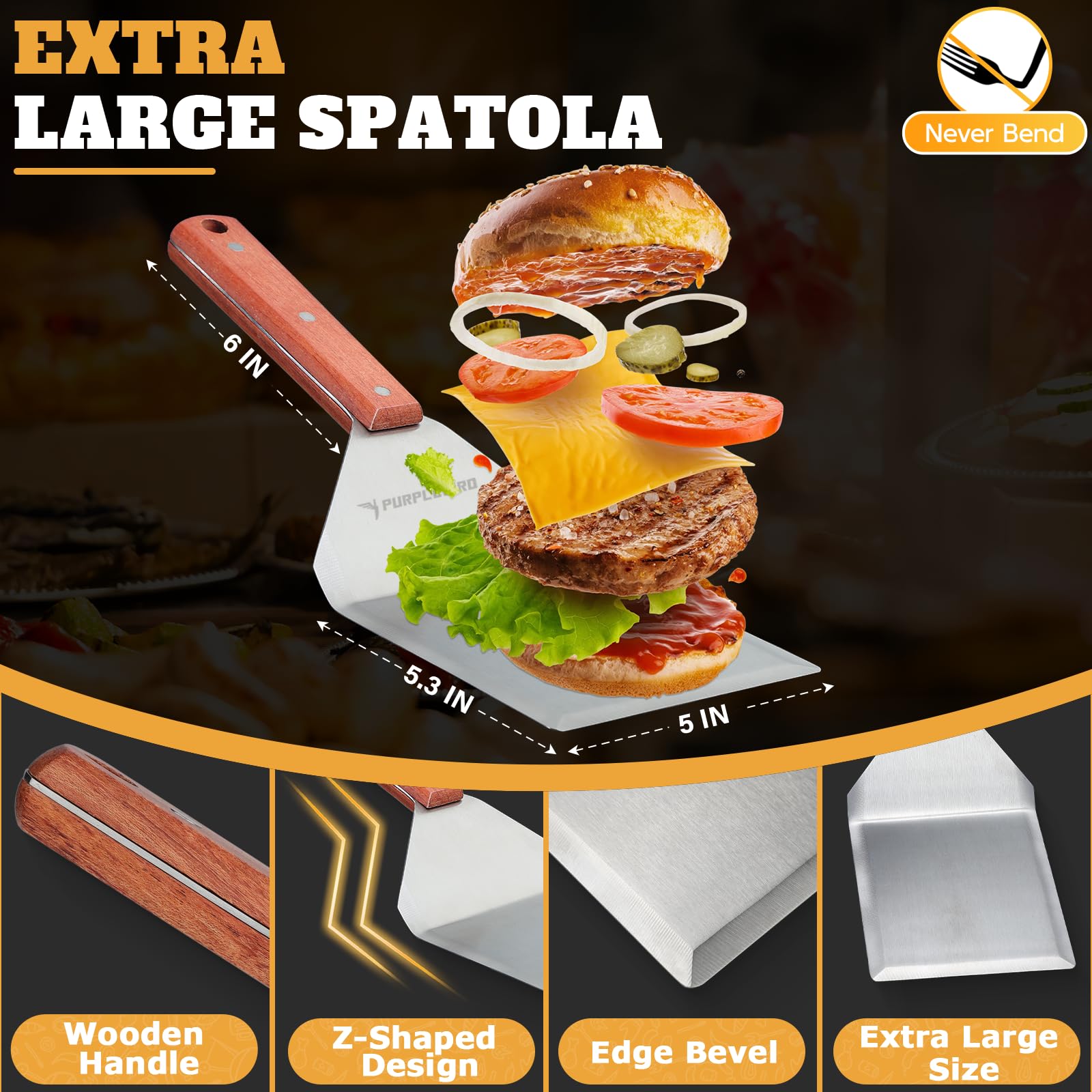 Purplebird Smash Burger Press Kit 3Pcs Set, Stainless Griddle Spatulas Set With Professional Burger Smasher For Griddle, Heavy D