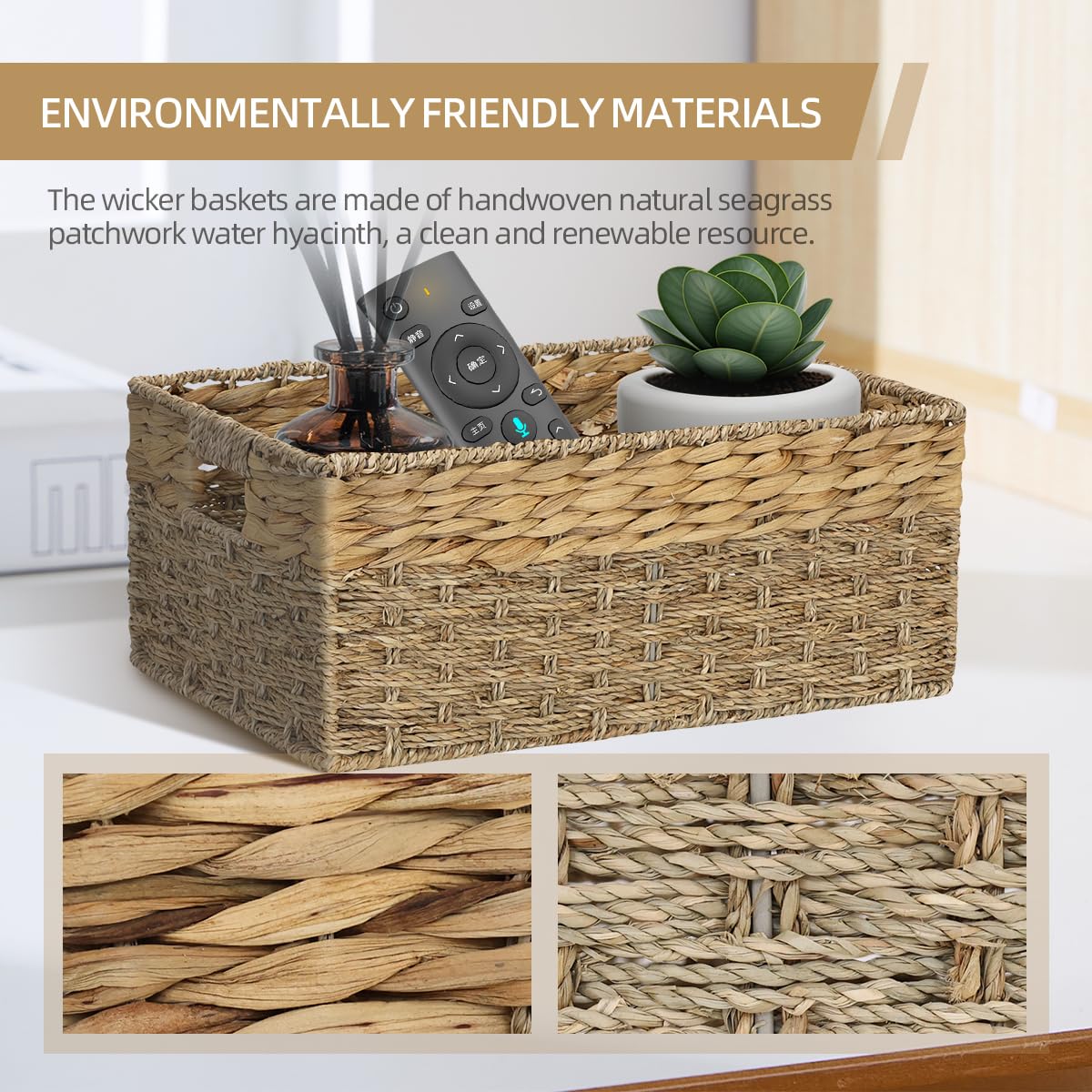 Weavelyrics [2-Pack, 2-Size] Wicker Storage Baskets With Handles, Water Hyacinth And Seagrass, Handwoven Storage Baskets For She