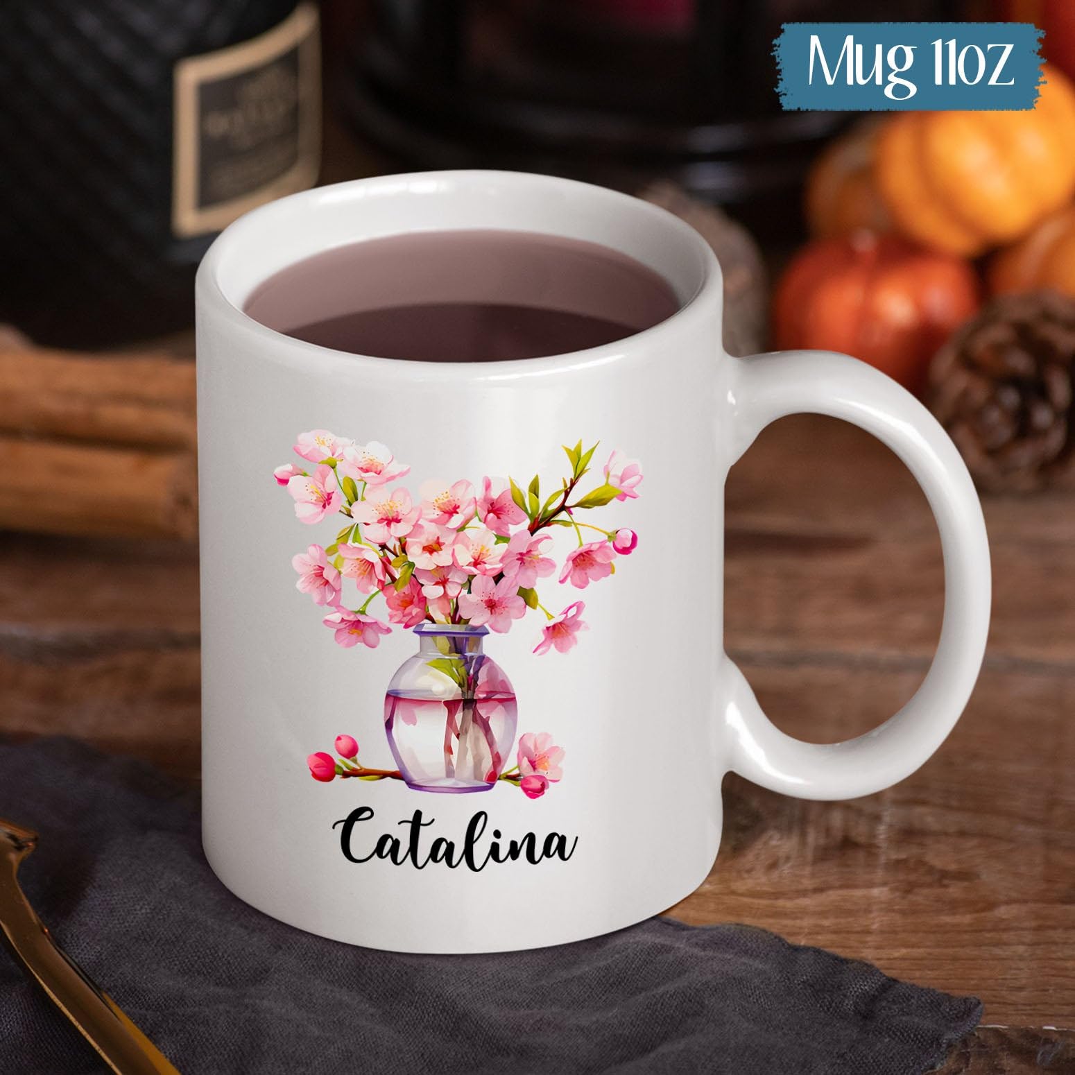 Cherry Blossom Gifts, Customized Cherry Blossom Coffee Cup with Name, Personalized Sakura Ceramic Mug for Women, Custom Cherry B