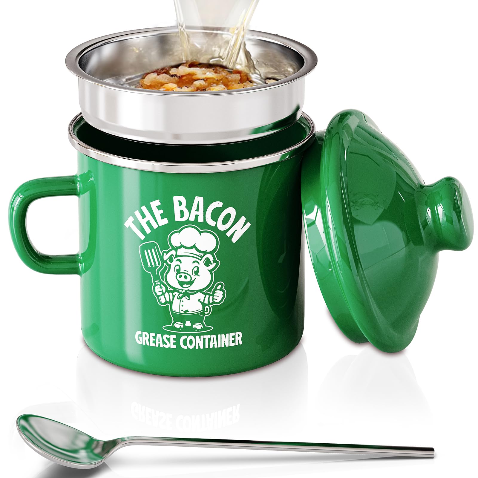 Pgyard Mini Bacon Grease Saver With Strainer - 15Oz Enamel Grease Container-Green