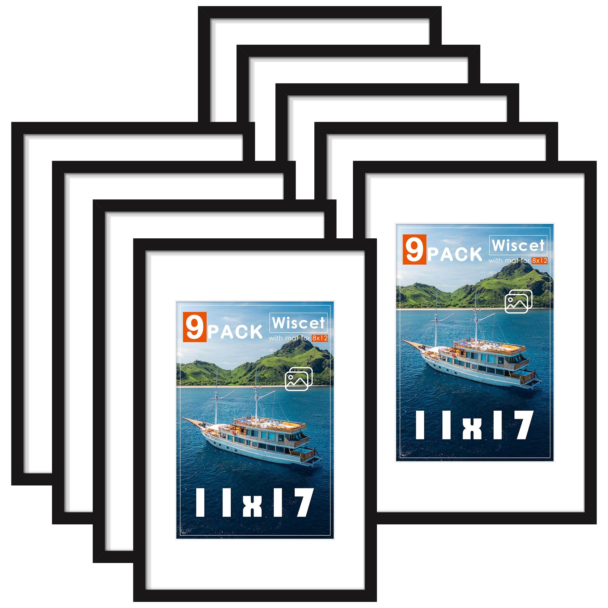Wiscet 11x17 Picture Frame Set of 9, Display Pictures 8x12 with Mat or 11x17 without Mat, Photo Frame for Horizontal or Vertical