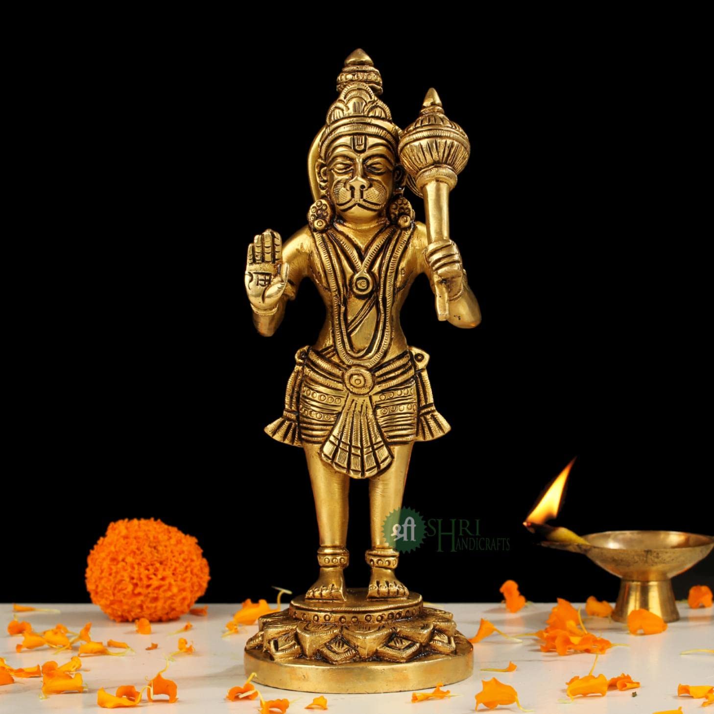 INDICAST Brass Standing Hanuman ji Bajrangbali Sankat Mochan Idol Murti for Home Office Decor- Height 20 Cms