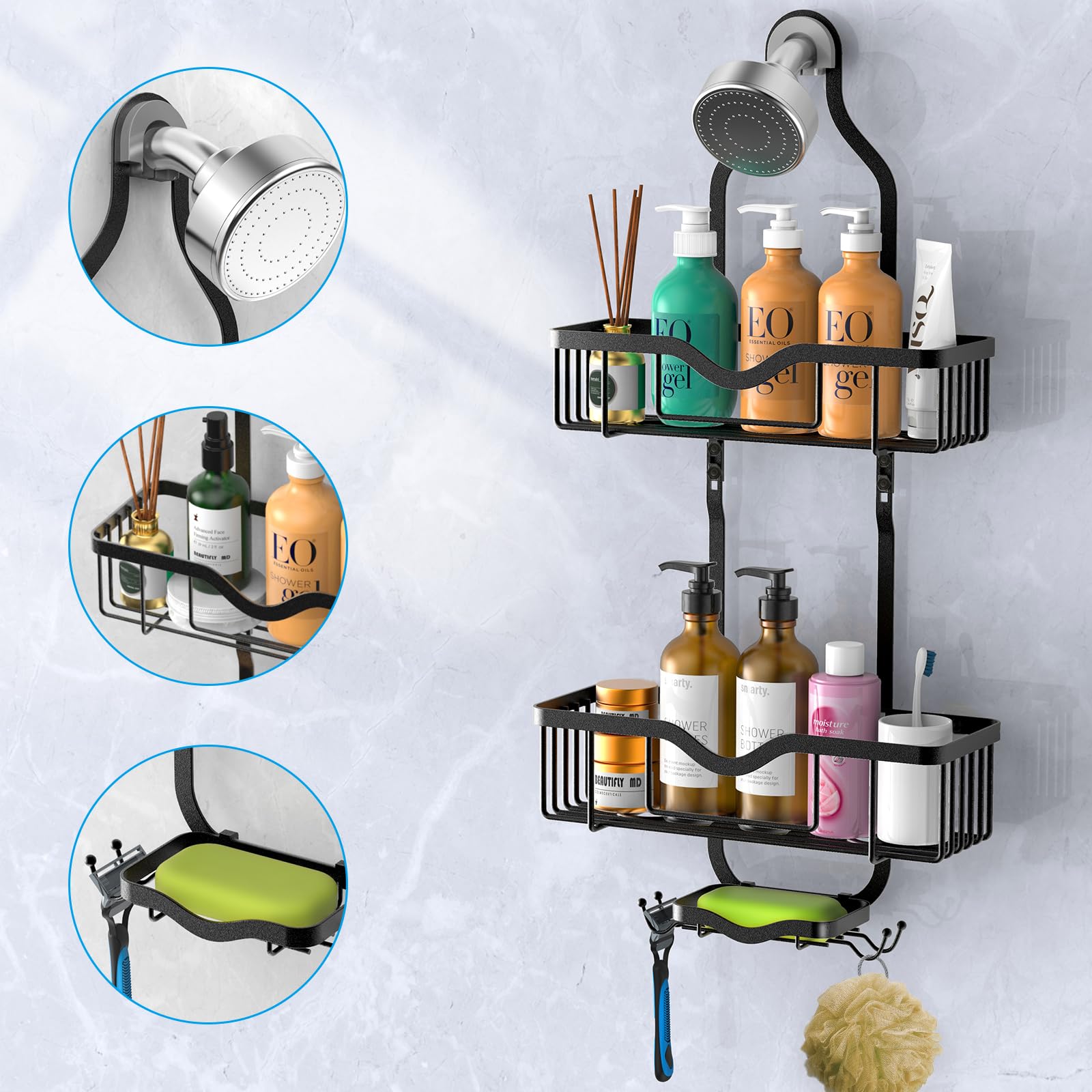 Kadolina Hanging Shower Caddy, Over Head Shower Caddy Shower Organizer Rack Basket With Soap Dish, Hooks For Razor And Sponge (M