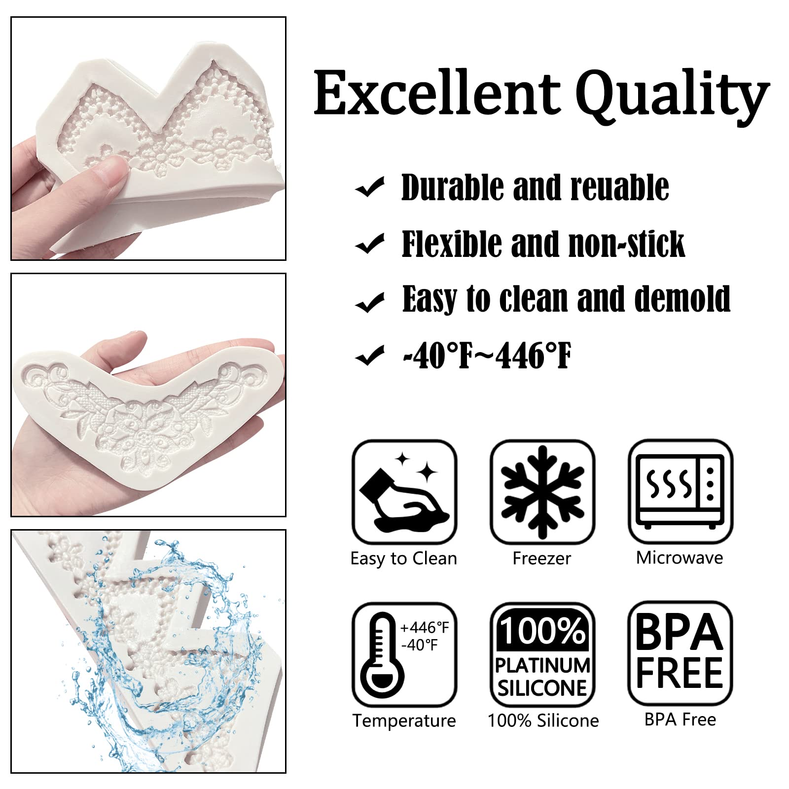 Lace Fondant Mold Set Of 3, Edible Lace Border Cake Decorating Imprint Mat Silicone Molds For Wedding, Valentine'S Day, Chocolat
