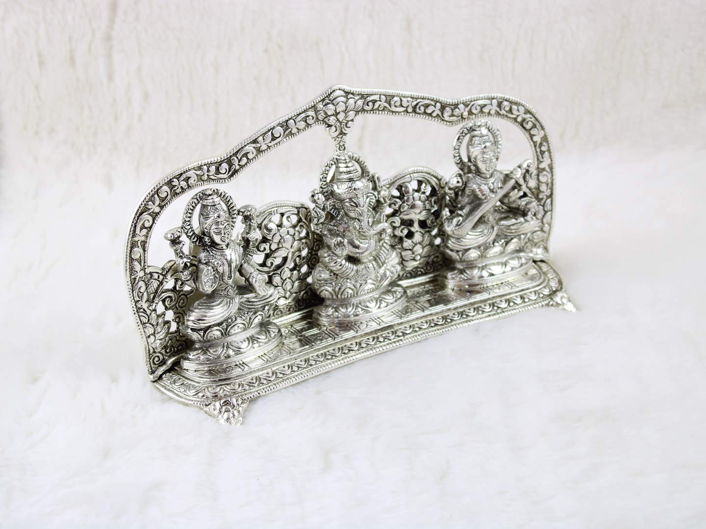 Goldgiftideas Oxidized White Metal Handcrafted Laxmi Ganesha Saraswati Idol For Pooja Room, Spiritual Gift Item, Laxmi Ganesh Sa