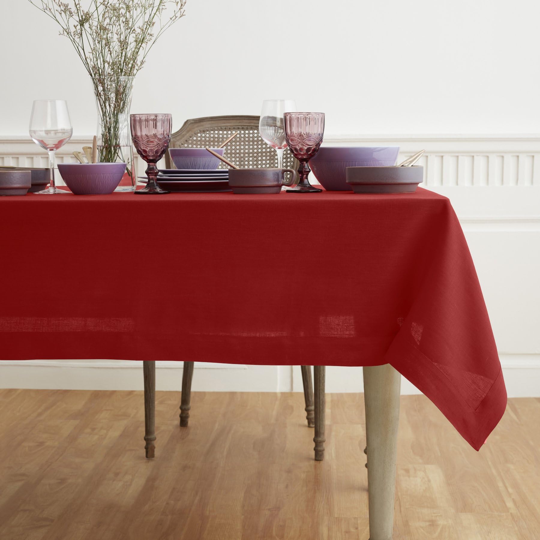 Solino Home Red Linen Tablecloth 90'' L X 60'' W Inch - Fete, 100% Pure Linen Table Cloth For Rectangle Tables - Machine Washabl