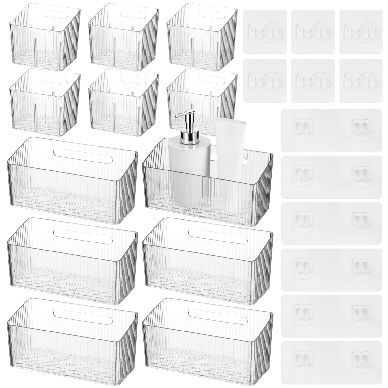 12 Pcs Storage Organizer Bins, WallMounted Storage Baskets with SelfAdhesive Hooks, Clear Plastic Hanging Baskets, Stackable S