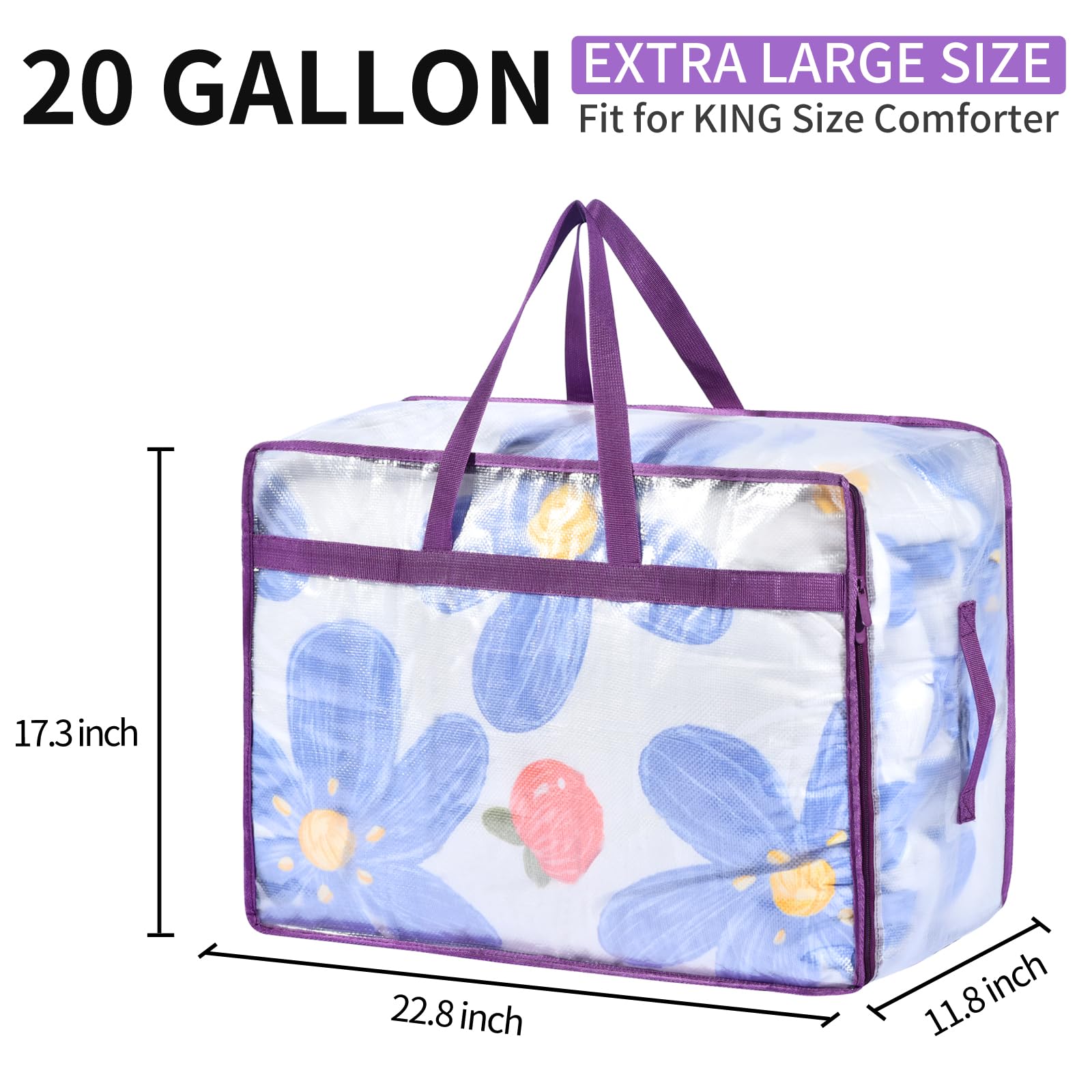 20 Gallon Large Clear Blanket Storage Bags for Bedding with Zipper Handles, 76L Oversized Comforter Storage Bag King Size, Foldi
