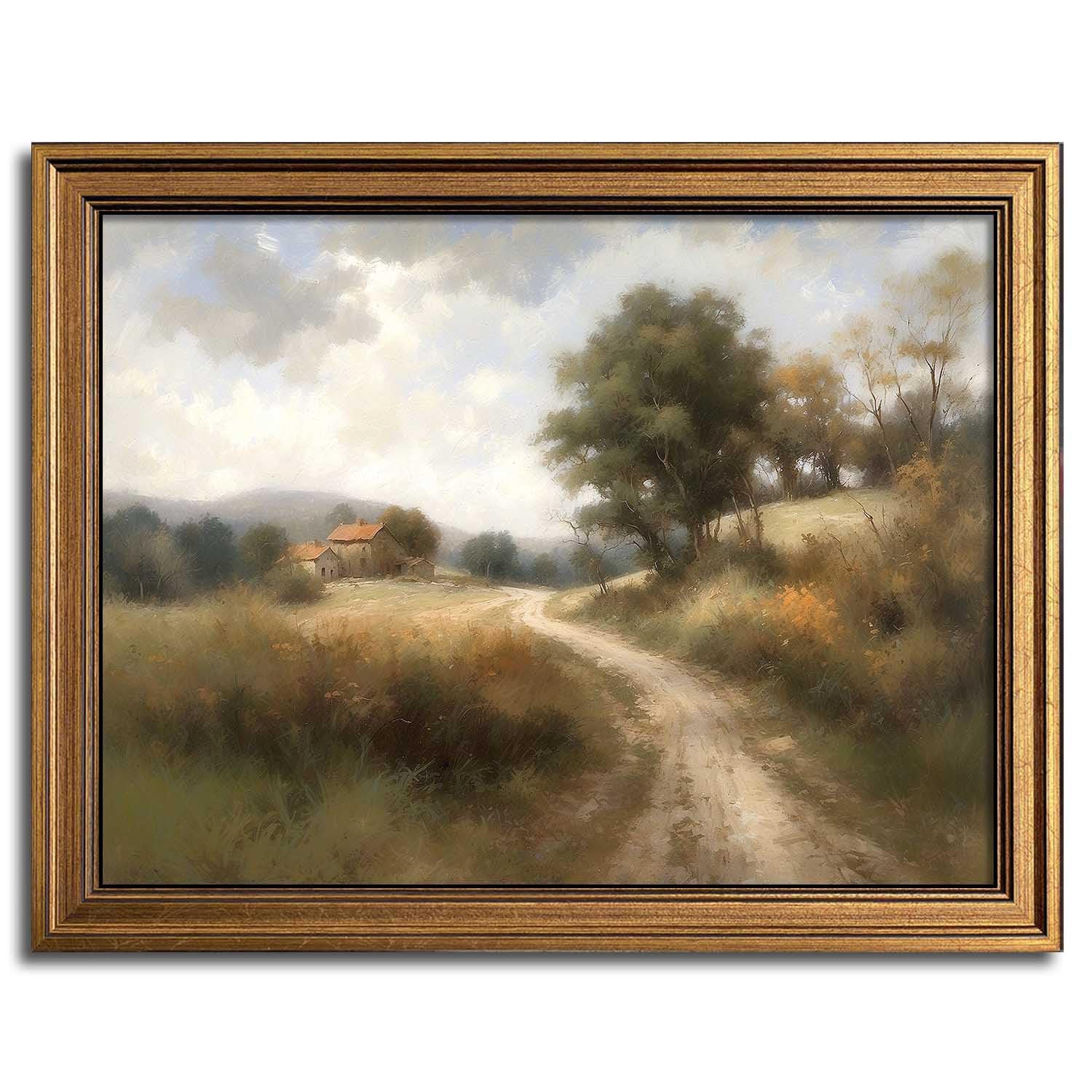 Framed Vintage Wall Art Classical Oil Painting Country Road Canvas Print Kitchen Living Room Farmhouse Wall Decor (Rural Trail,