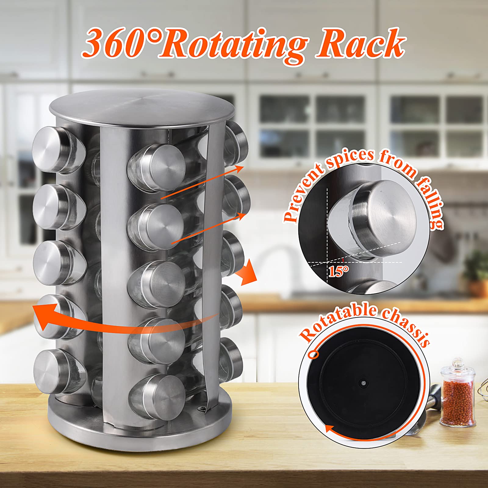 DOUBLE 2 C Revolving Spice Rack with 20 Jars, Rotating Spice Rack Organizer, Seasoning Organizer with Labels, Stainless Steel Sp