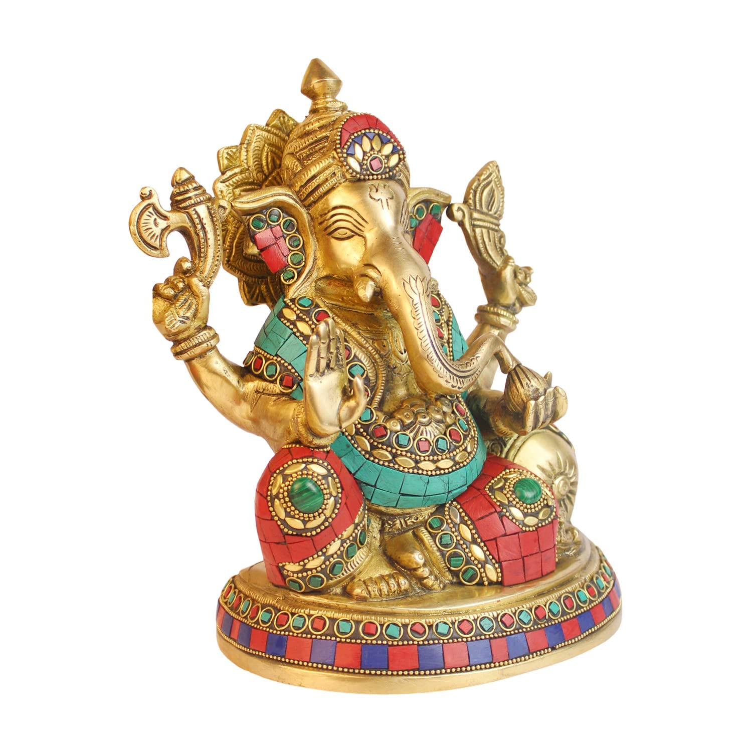 Kartique Brass Ganesh Bhagwan Idol Ganesha Statue Ganpati Murti On Round Base In Blessing Posture With Multicolor Stone Work