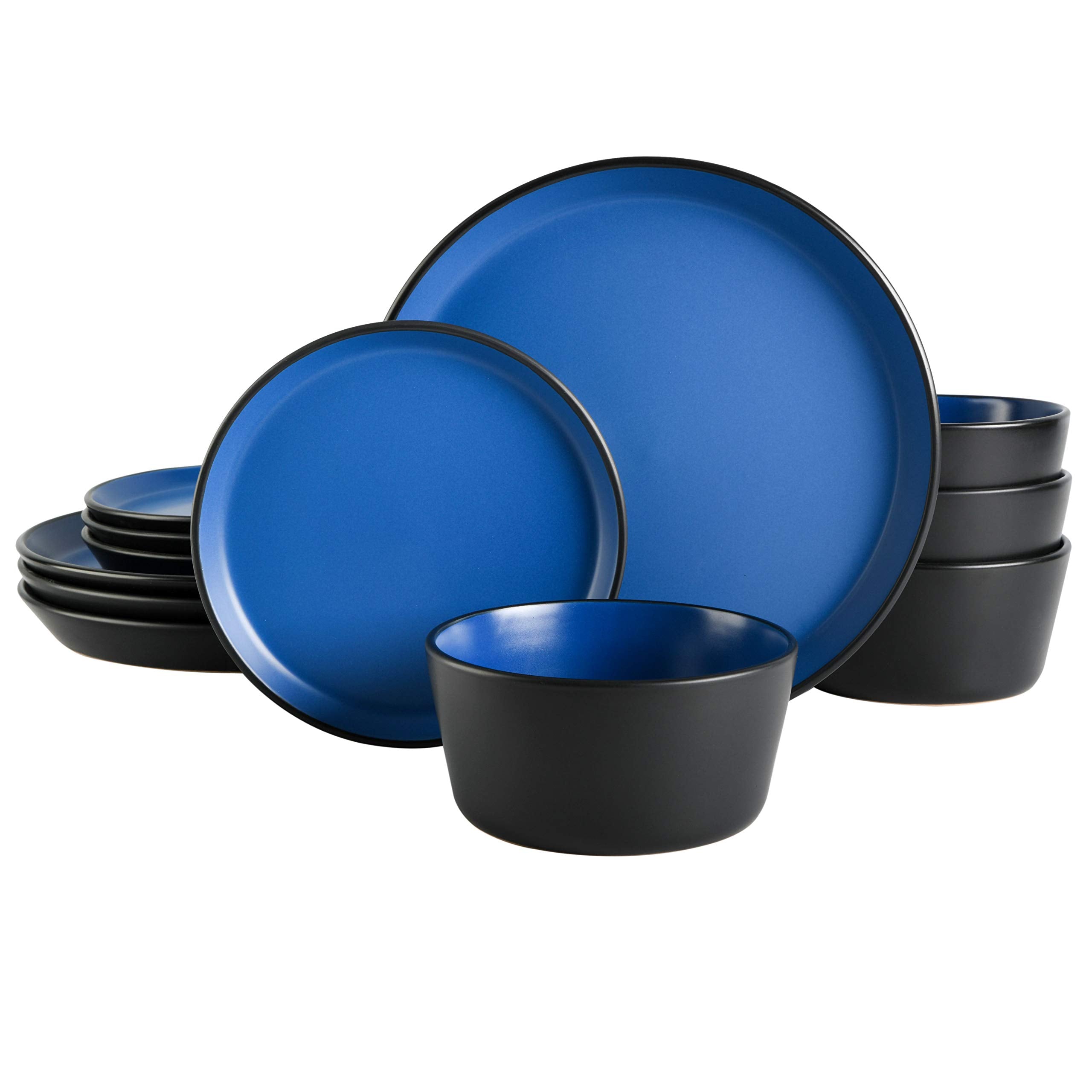 Gibson Soho Lounge Sofia Coupe Stoneware Dinnerware Set, Service for 4 (12pcs), Matte Blue