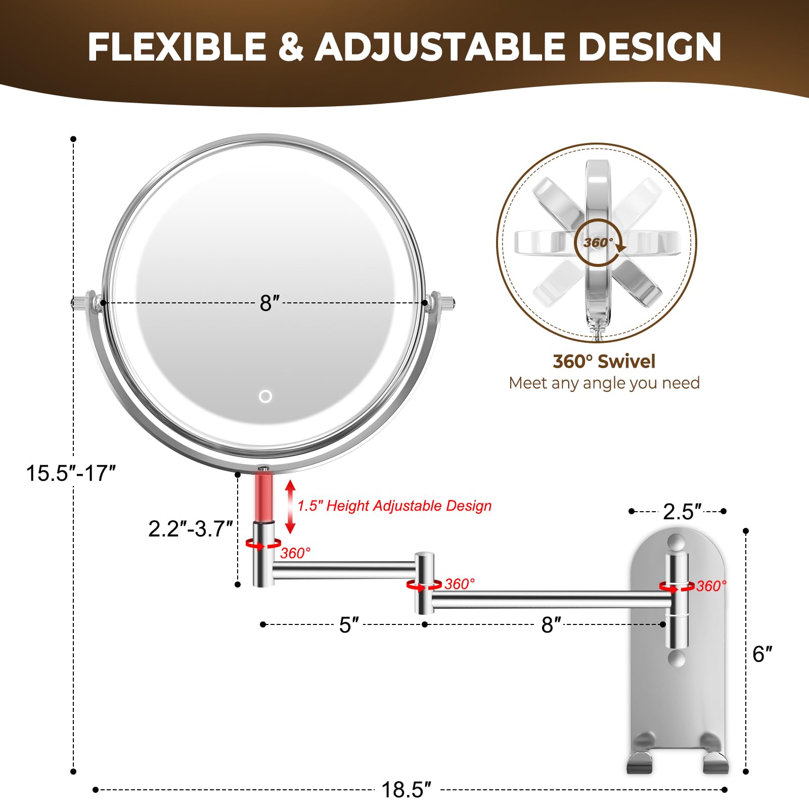Conlwin 9'' Wall Mounted Lighted Makeup Mirror, 3000Mah Rechargeable Double Sided 1X/10X Magnifying Mirror With Hook,3 Color Lig