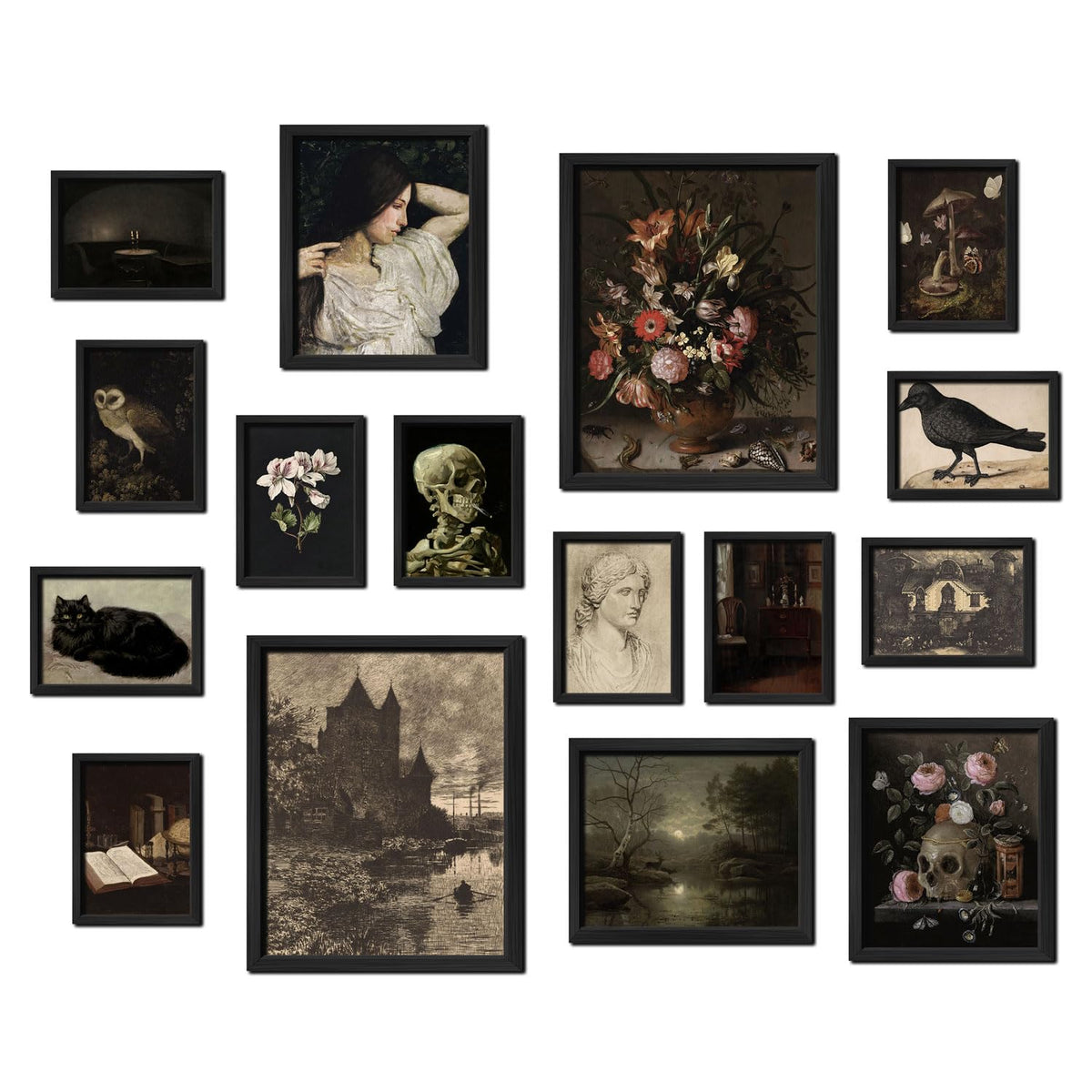 Anerza 16 Pcs Framed Dark Academia Room Decor, Gothic Home Decor, Moody Wall Art Prints For Bedroom, Gallery Wall Frame Set, Wit