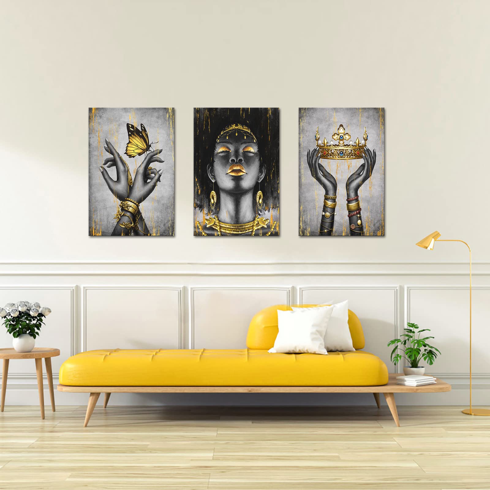 Welmeco African American Cavnas Wall Art Elegant Black Woman With Gold Necklace Crown Butterfly Painting Fashion Charming Woman