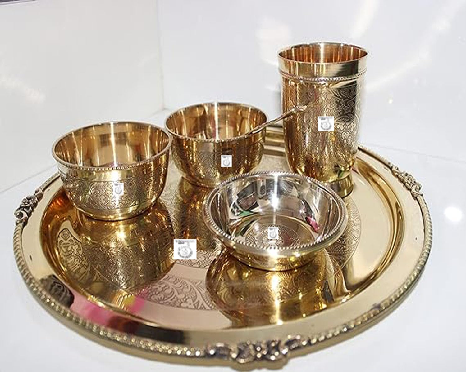 THATHERA Handmade Traditional Brass Thali Utensils Set Cooking, Serving, and Eating Food (Set of 6) Gold Color