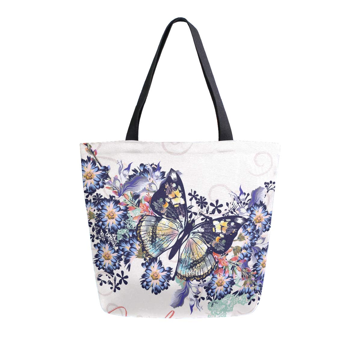 Naanle Floral Butterfly Canvas Tote Bag Large Women Casual Shoulder Bag Handbag, Floral Butterfly Reusable Multipurpose Heavy Du