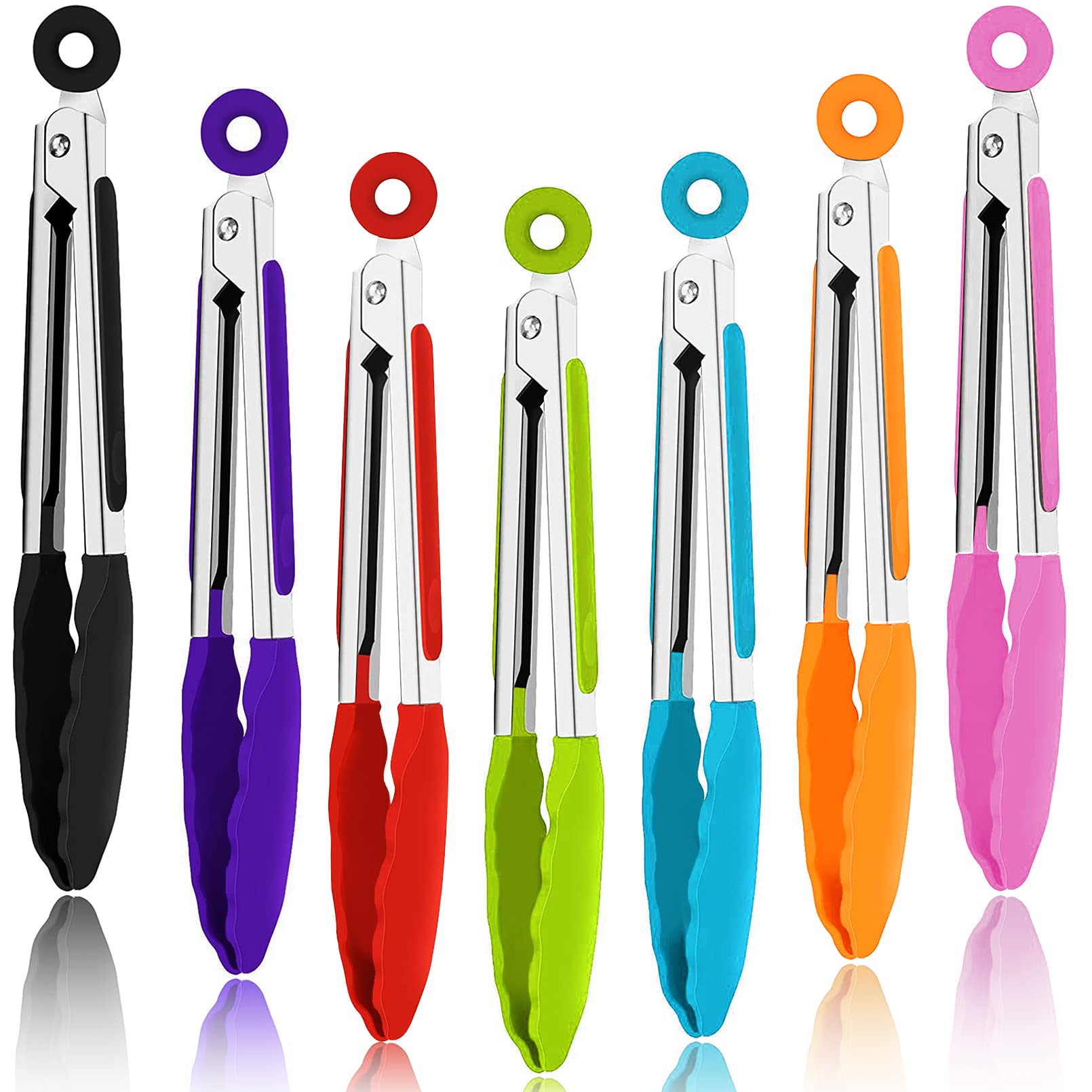 7Pack Kitchen Tongs,7 Inch Small Silicone Tongs With Stainless Steel Silicon Handles And Nylon Tips,Heat Resistant Non-Stick Coo