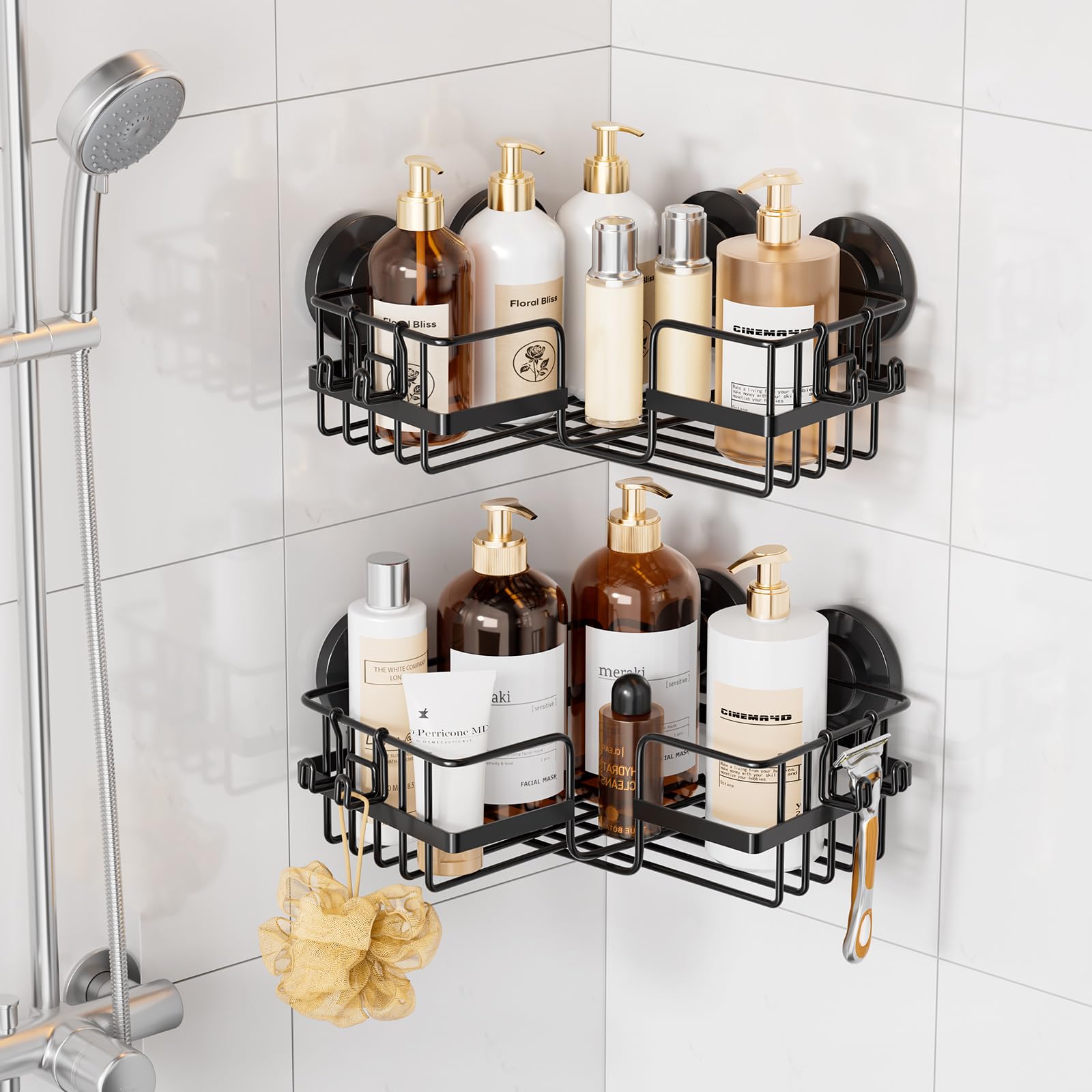 Taili Corner-Adaptive Suction Cup Shower Caddy 2 Pack, Stainless Steel Rustproof Corner Shower Shelves, Drill-Free Wall Mounted