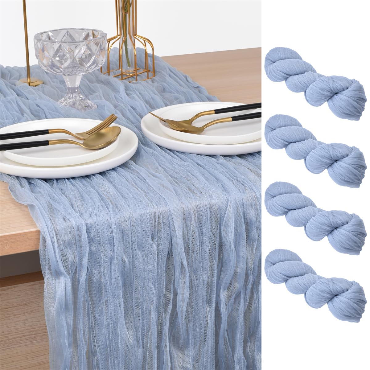 Joanlody Blue Cheesecloth Table Runner Fall Thanksgiving 10Ft Rustic Gauze Boho Cheese Cloth Table Runner for Wedding Bridal Bab