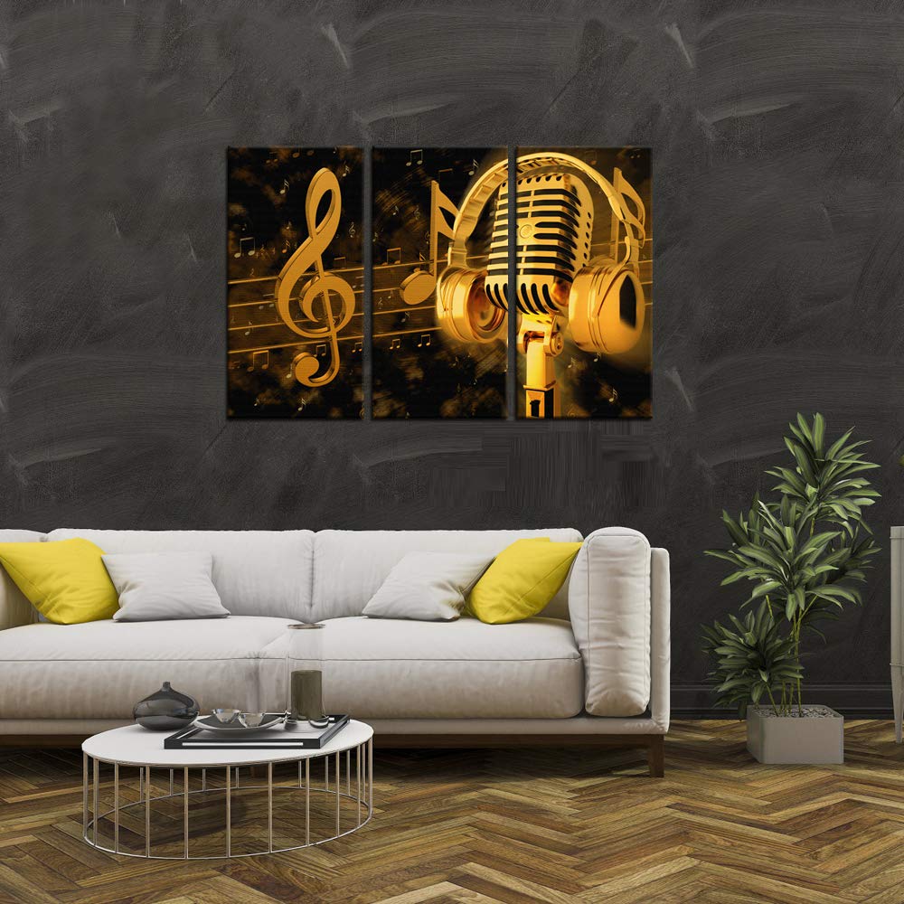 Biuteawal - Music Artistic Paintings Wall Art Gold Metal Microphone And Headset Note Picture Canvas Giclee Print Modern Home Stu