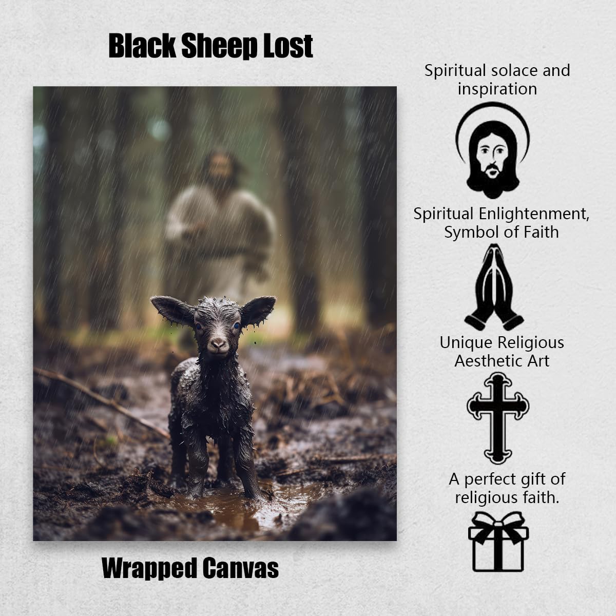 Jesus And Lamb Canvas Wall Art Black Sheep Lost Picture Wall Art Canvas Print Christian Home Decor 8X10 Inch