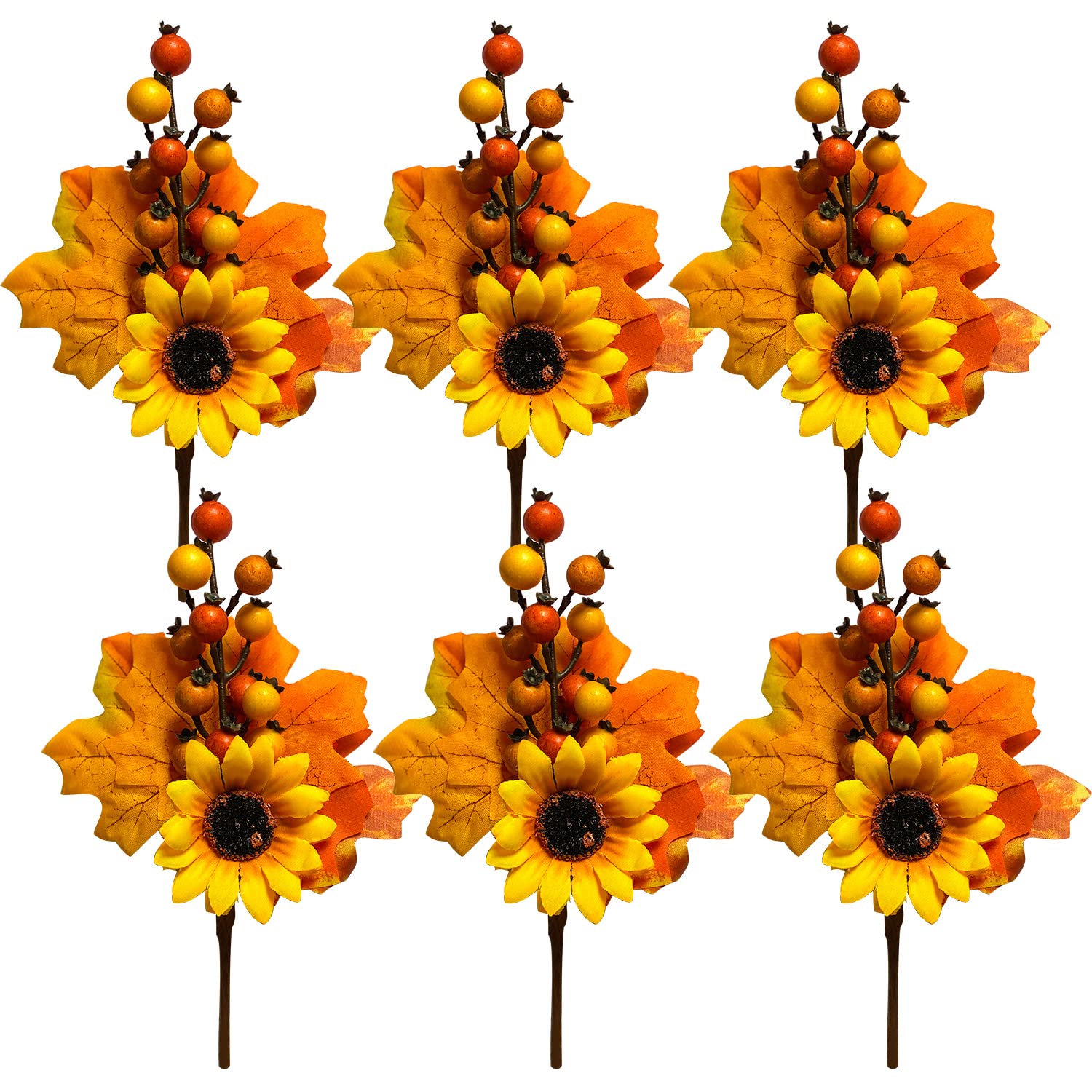 Adurself 6 Pack Fall Stems Artificial Berry Picks Fall Picks with Sunflowers Maple Leaves Branches Decorations for Harvest Autum