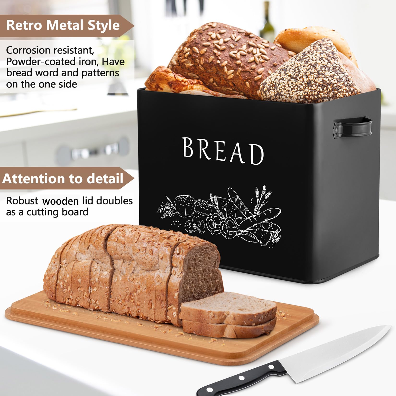 P&P Chef Black Bread Box For Kitchen Counter, Metal Bread Storage Bin With Wooden Cutting Lid, Large Capacity For Holding 2+ Loa