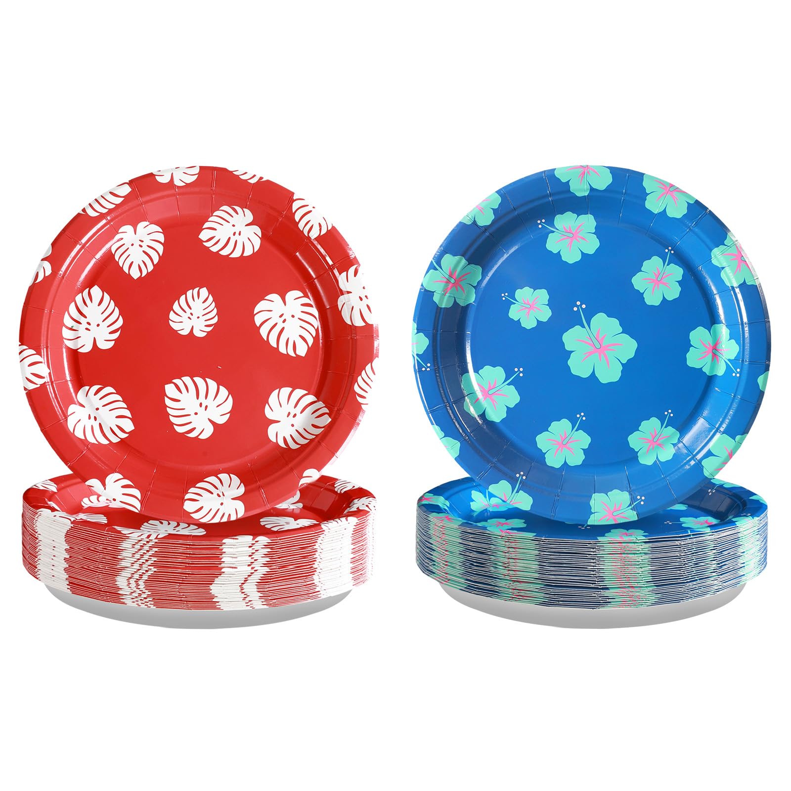Grencian 50Pcs Hawaiian Party Supplies 9 Tropical Luau Palm Leaf Party Plates Hibiscus Red and Blue Paper Plates Tropical Luau D