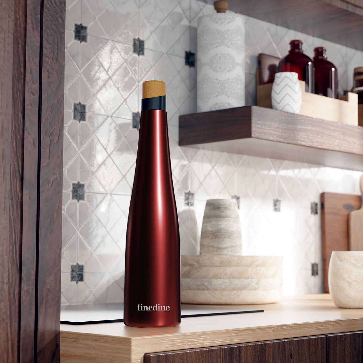Finedine Double Insulated Stainless Steel Water Bottle With Sleek Design -Wooden Cork 1000 Ml, Keeps Hot And Cold- Maroon