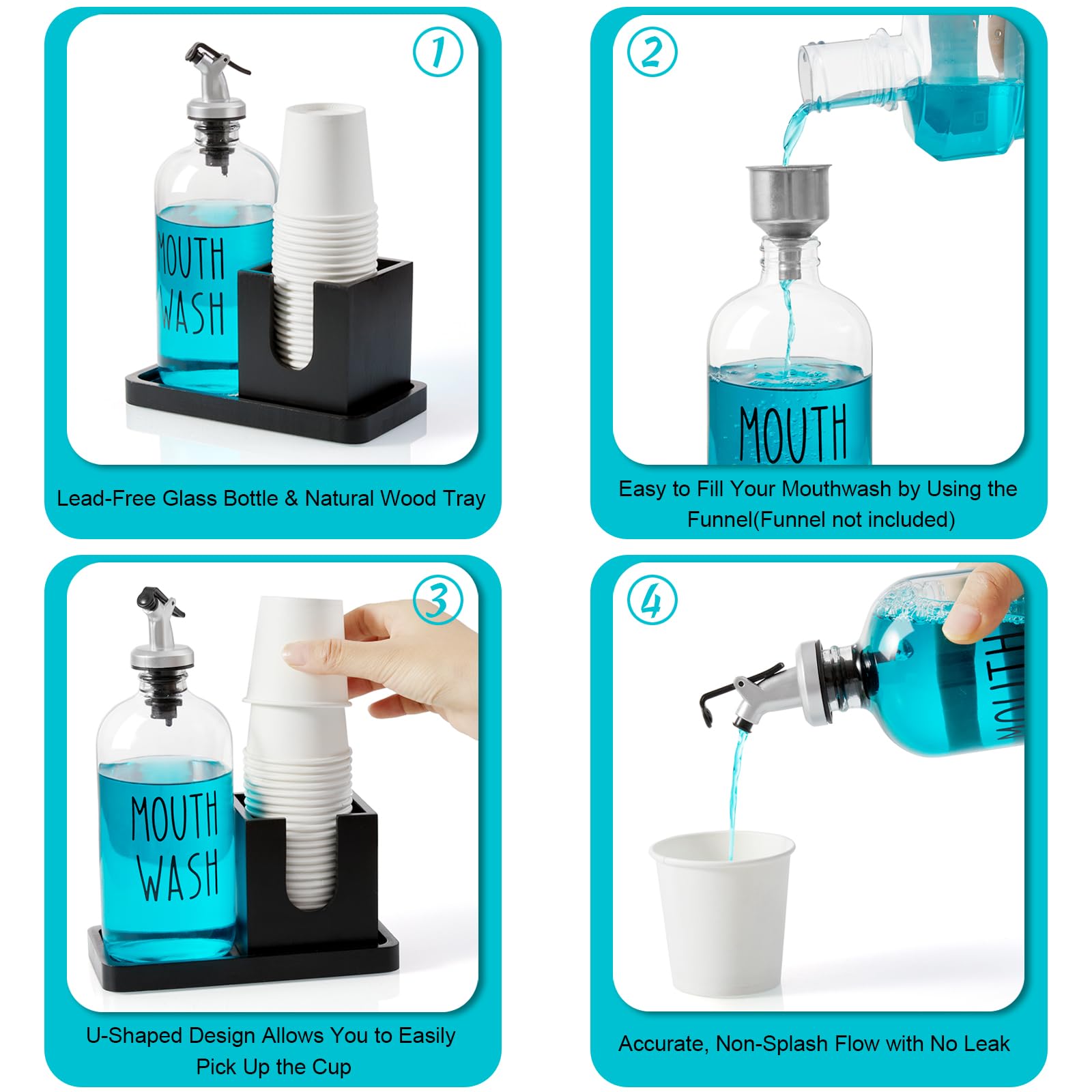 Mouthwash Dispenser For Bathroom, 16 Oz Glass Mouthwash Dispenser With Pour Spout And Wood Cup Holder And Tray, Mouth Wash Bottl