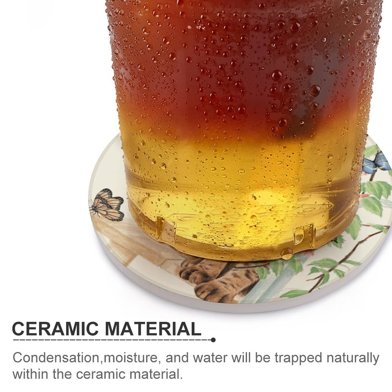 Cat With Butterflies Coasters For Drinks Set Of 6, 4 Inch Absorbent Diatomite Ceramics Coasters For Coffee Table With Cork Base