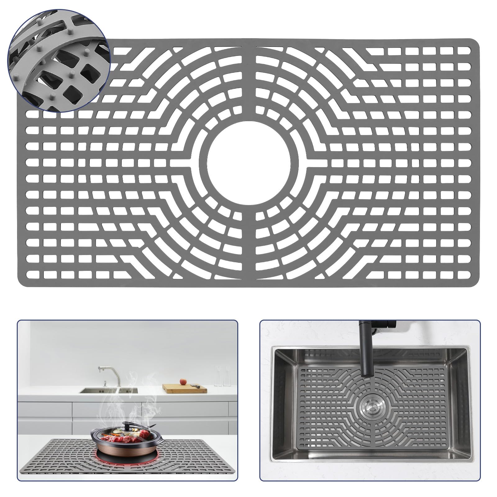 Snuggery Silicone Sink Protector 30x16 Center Hole, Heat Resistant Non-slip Dishwasher Suitable, Large Sink Mat for Bottom of Fa