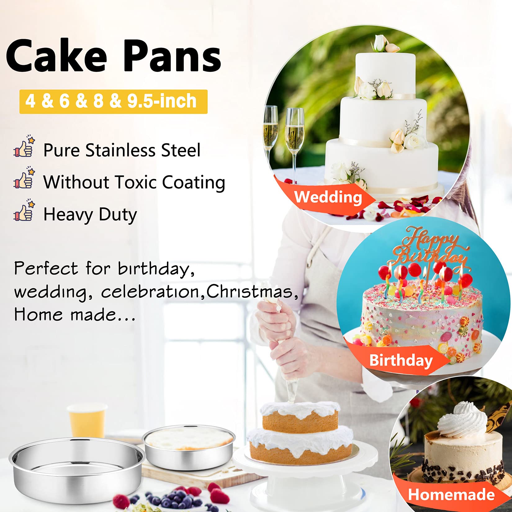 153Pcs Cake Baking Pan Set Decorating Supplies Kit, P&P Chef Stainless Steel 4/6/8/9.5 Inch Cake Pans With Icing Tips Tools, Par