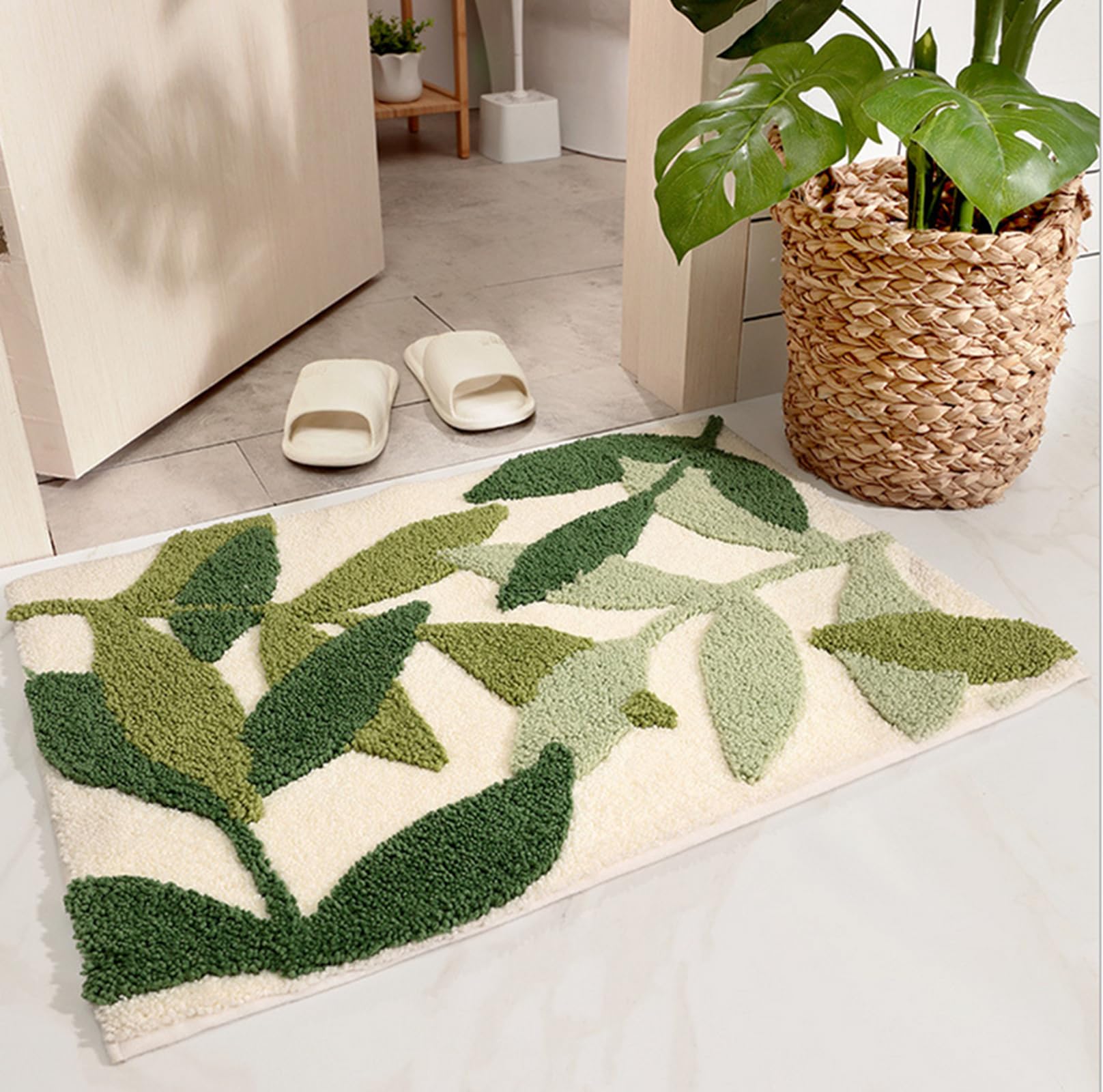 Zgxl Bath Mat Leaves Green Area Rug Non-Slip Soft Absorbent Bathroom Rugs Machine Washable Bath Rug Floor Carpet Entryway Door M