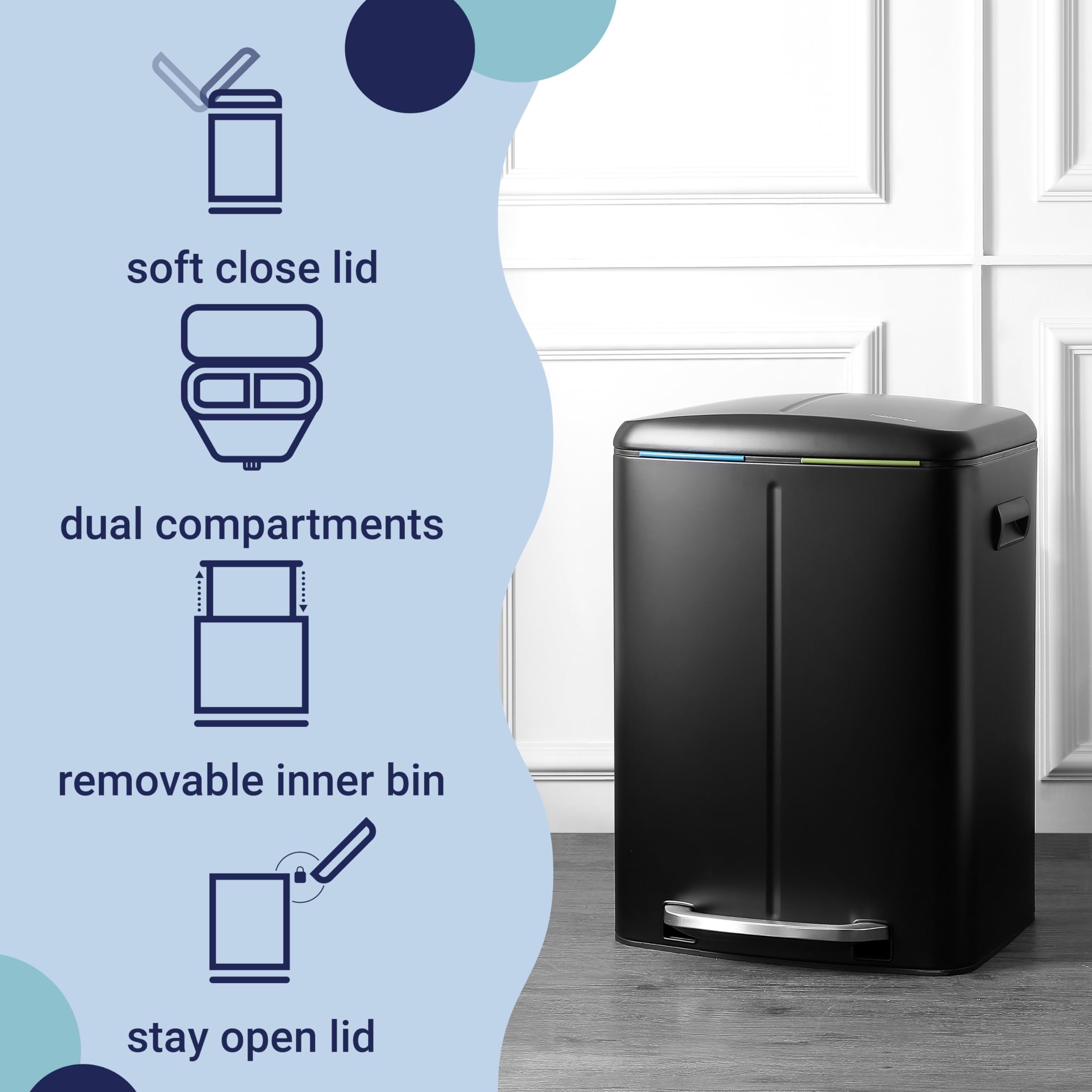 Happimess Hpm1005B Marco Rectangular 10.6-Gallon Double Bucket Trash Can With Soft-Close Lid, Fingerprint Resistant, Modern, Min