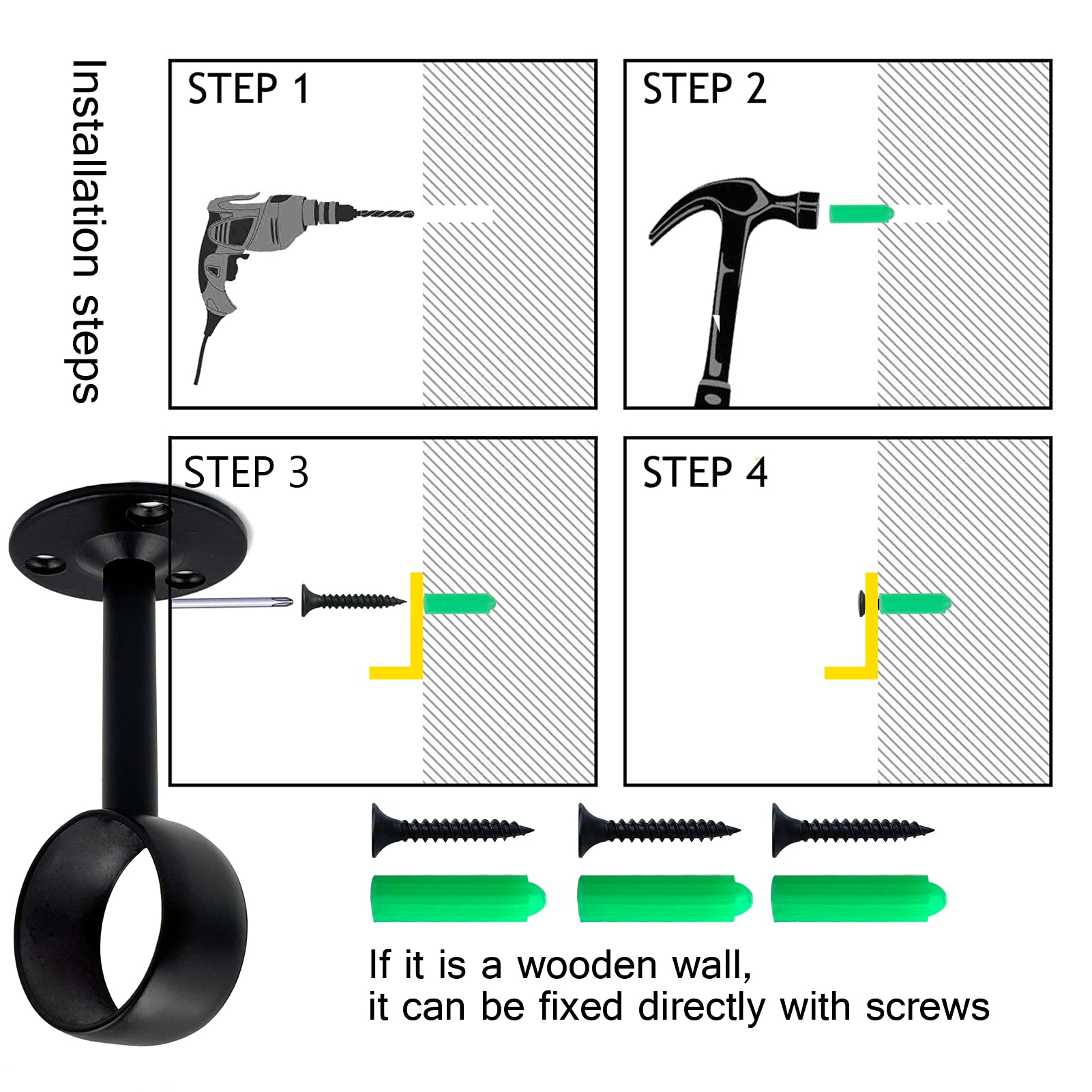 Operseven 1-1/4 Inch 4 Packs Black Heavy Duty Stainless Steel Closet Rod End Supports Closet Pole Sockets Flange Rod Holder With