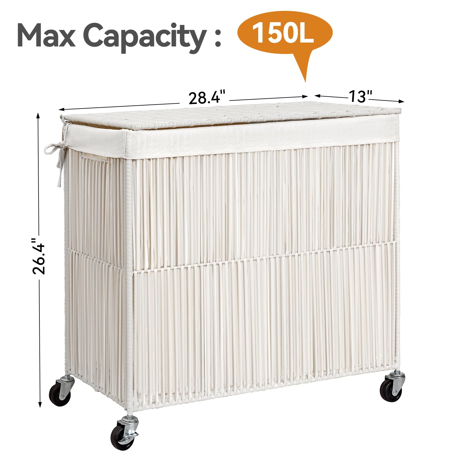 Wowlive Laundry Hamper With Wheels, 160L Handwoven Rolling Laundry Basket 3 Section With Lid, Clothes Hamper With 3 Removable Li