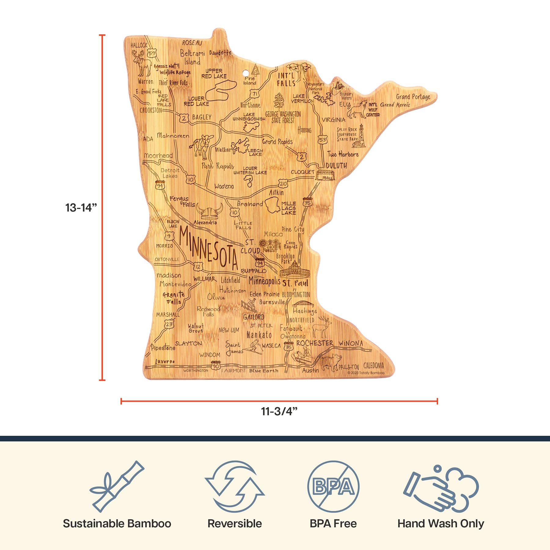 Totally Bamboo Destination Minnesota State Shaped Cutting Board, Charcuterie and Cheese Serving Board - Minnesota Gift for Home