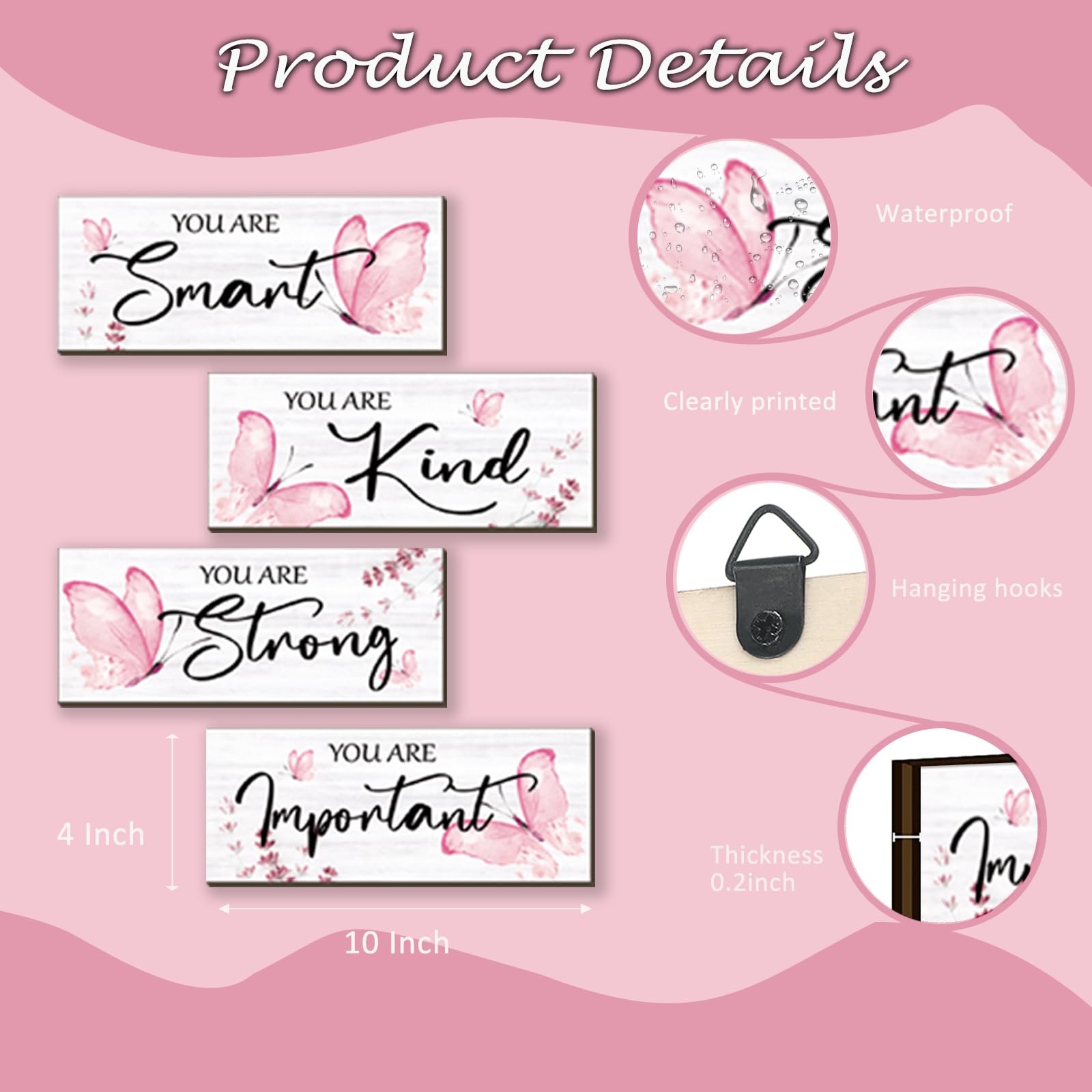 DONFENTHY 4 Pcs Butterfly Wall Decor Pink Room Decor Wooden Positive Butterfly Decor with Inspirational Word Sign for Teen Girls