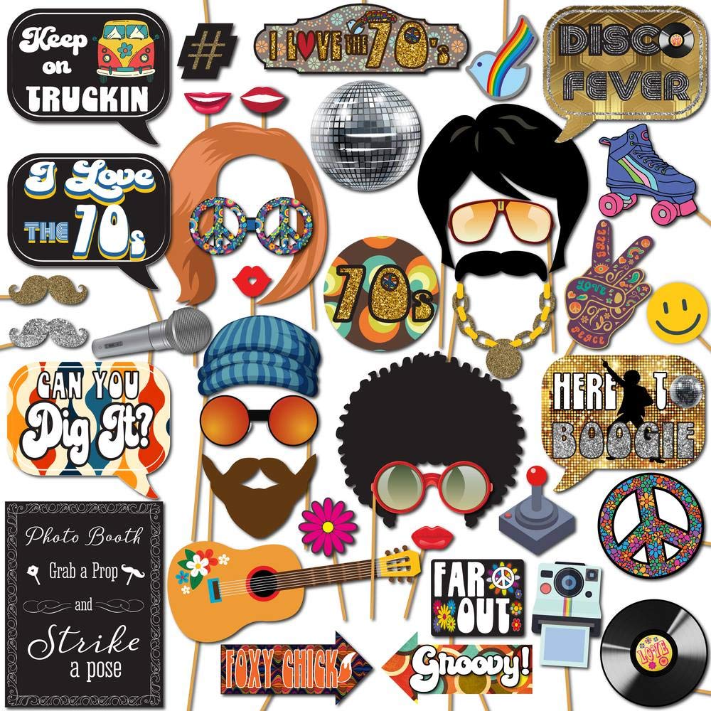 70S Photo Booth Props - 41-Pc Disco Photo Booth Kit With 8 X 10-Inch Sign, 60 Adhesive Pads, 45 Sticks - Disco Photo Booth Props
