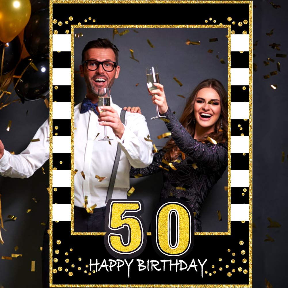Seasons Stars Glittery 50th Birthday Photo Booth Frame - Black and Gold, Upgraded Version with Support Cardboard, 50-Inch