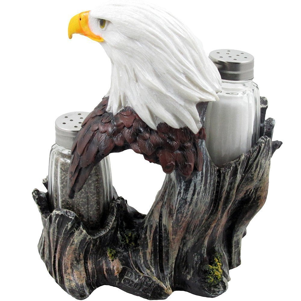 Bald Eagle Glass Salt & Pepper Shakers With Decorative Figurine Display Stand Set For American Patriotic Bar And Kitchen Decor S