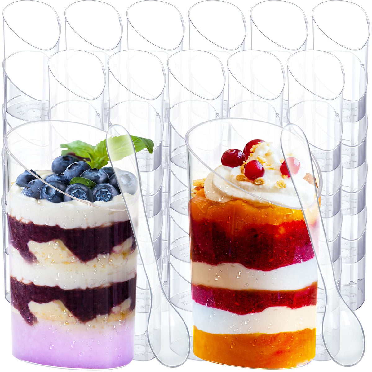 100 Pack Mini Dessert Cups With Spoons Small Plastic 3 Oz Slanted Round Shooter Disposable Clear Plastic Parfait Appetizer Cup F
