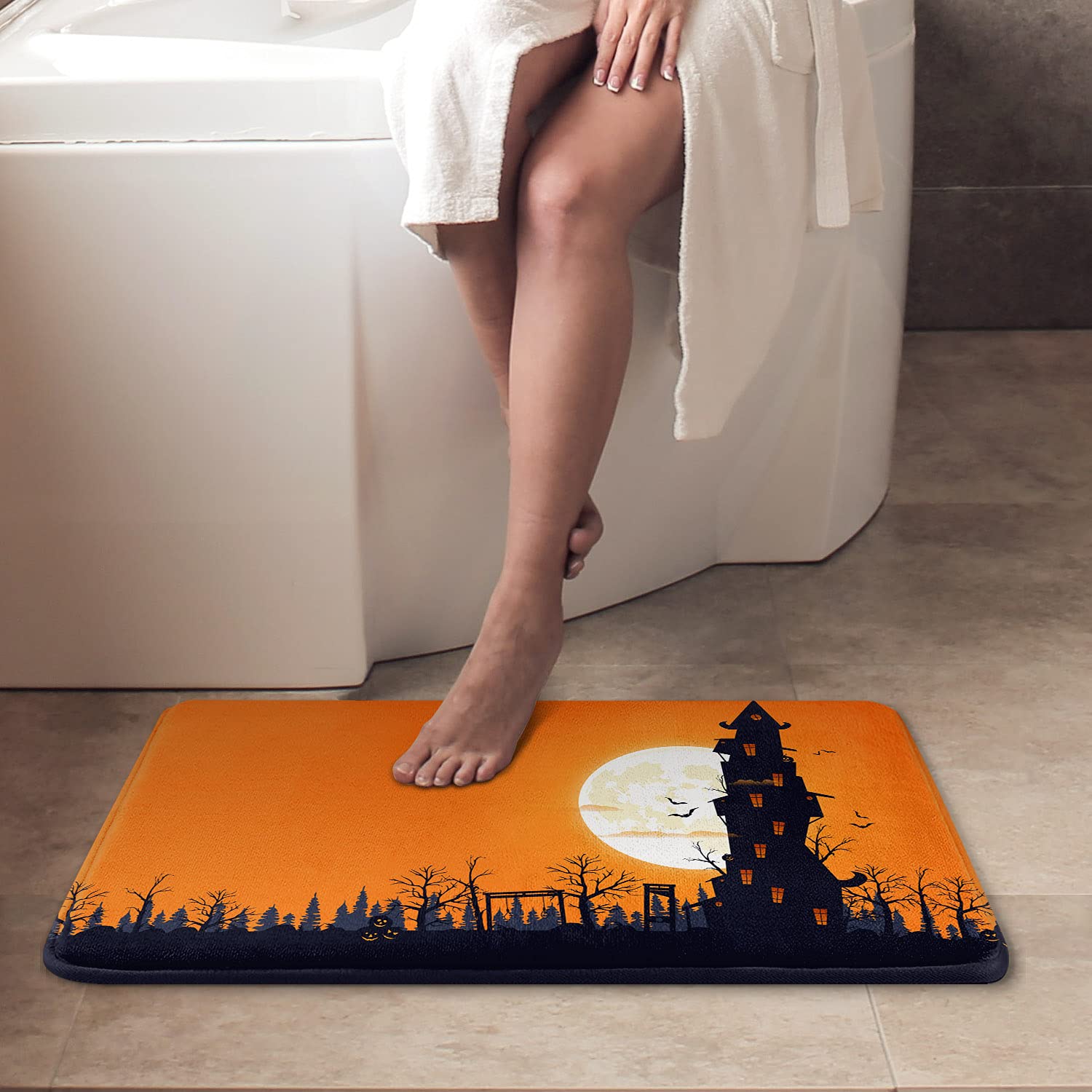 Britimes Bath Mat for Bathroom, No Slip, Halloween Theme Orange Washable Cover Floor Rug Carpets Floor Mat Bathroom Decorations