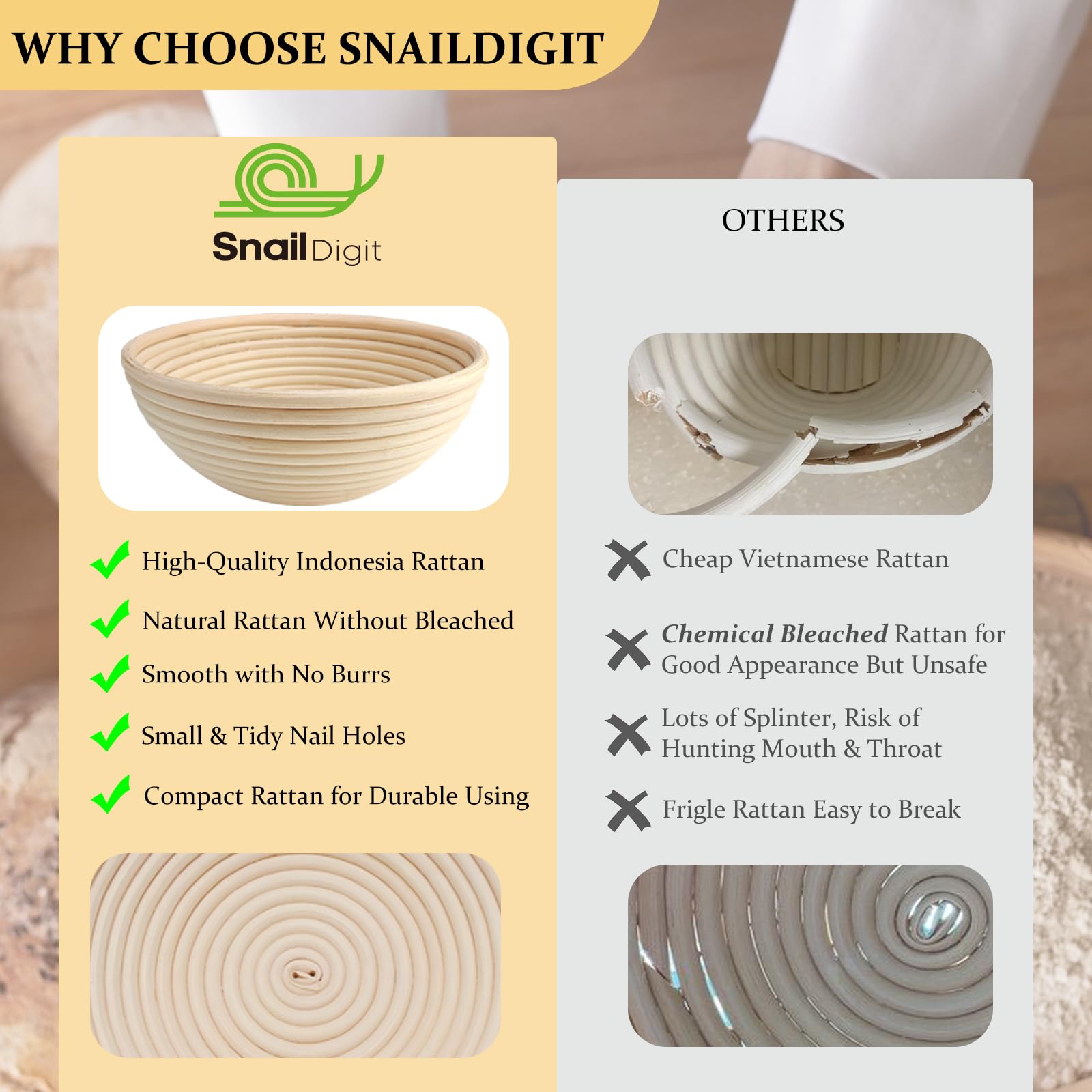 Snaildigit Banneton Bread Proofing Basket Set Of 2: 9 Inch Round Sourdough Proofing Bowls For Artisan Bread Making For Professio