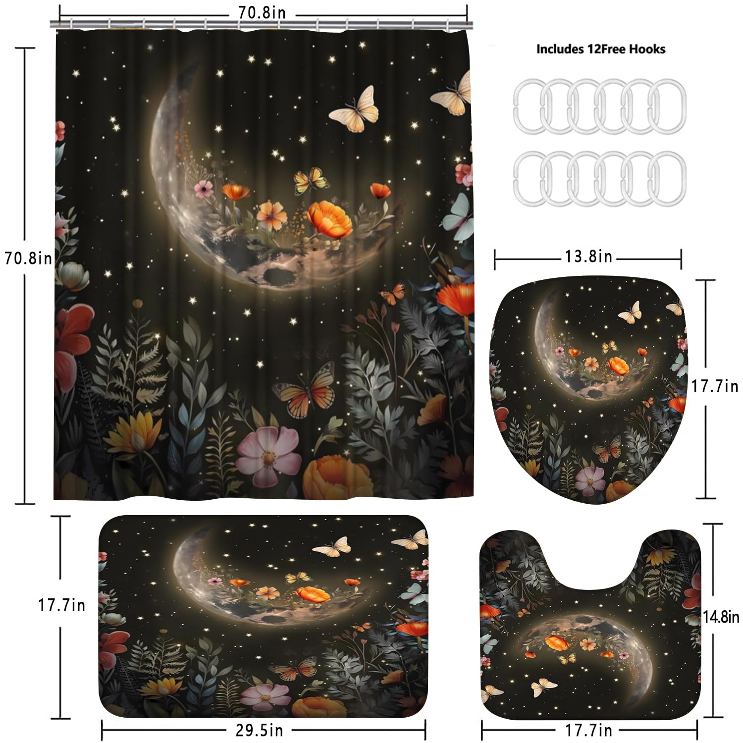 Xswpl Shower Curtain Set 4 Pcs Black Moon Bathroom Sets With Shower Curtain And Rugs Bathroom Decor Set Black Shower Curtain Wit